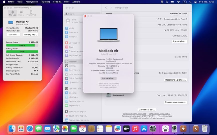 MacBook Air 13&rsquo;&rsquo; 2019, i5 16 / 256GB (A1932) АКБ 100% 2000000118178 фото