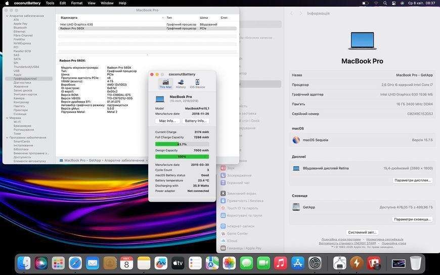 MacBook Pro 15&rsquo;&rsquo; 2018, i7 16 / 512GB + 4GB (A1990), АКБ 100% 2000000100807 фото