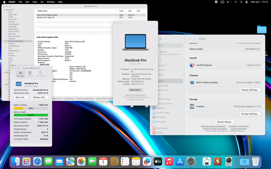 MacBook Pro 15&rsquo;&rsquo; 2019, i9 32 / 1TB + 4GB (A1990), АКБ 100% 2000000100067 фото