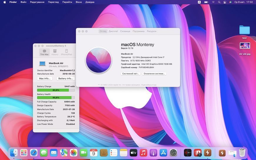 MacBook Air 13&rsquo;&rsquo; 2017, i7 8 / 128GB (A1466) АКБ 90% 2000000059419 фото
