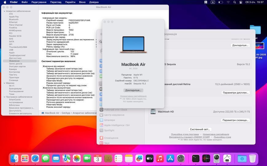 MacBook Air 13&rsquo;&rsquo; 2020, М1 8 / 256GB (A2337) АКБ 83% 2000000065809 фото