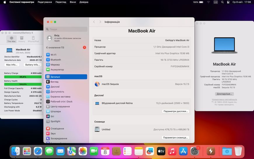 MacBook Air 13&rsquo;&rsquo; 2020, і3 16 / 512GB (A2179) АКБ 100% 2000000095714 фото