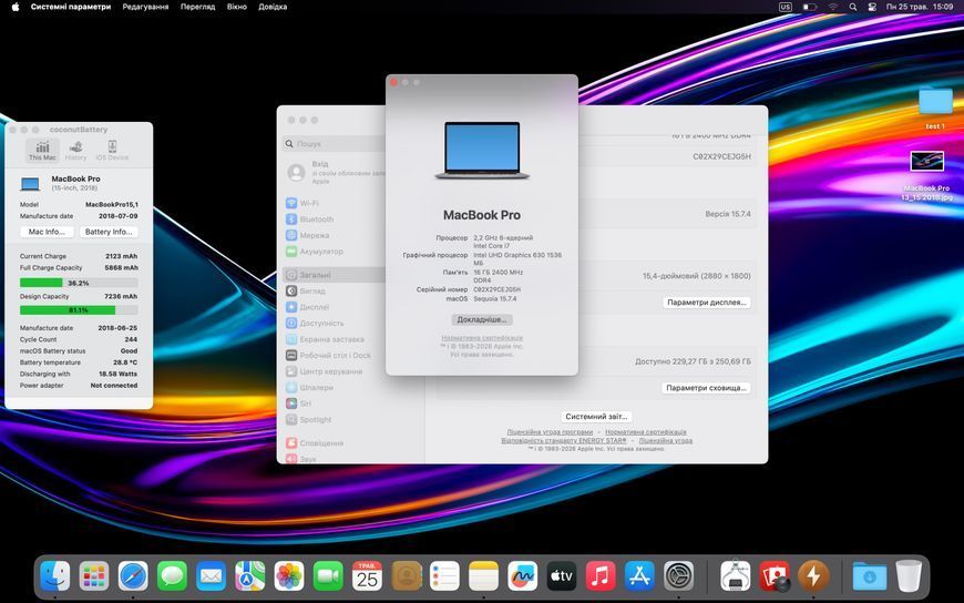 MacBook Pro 15&rsquo;&rsquo; 2018, i7 16 / 256GB + 4GB (A1990), АКБ 81% 2000000101828 фото